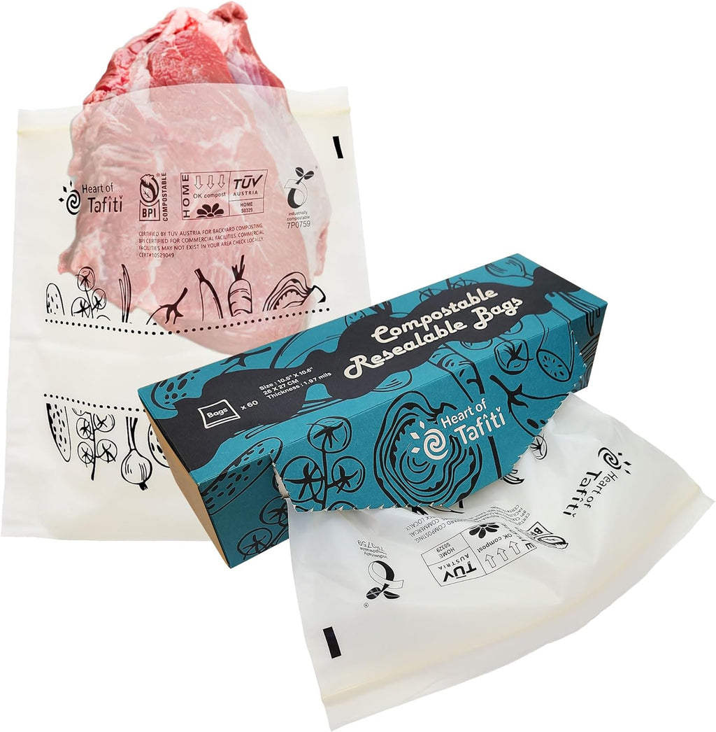 Compostable Food Storage Bags, Large Gallon Resealable Freezer Bags, 60 Count, 10.5 x 10.6 inches, Extra Thick and Reusable, Eco-Friendly, Certified US BPI ASTM D6400 Europe OK Compost