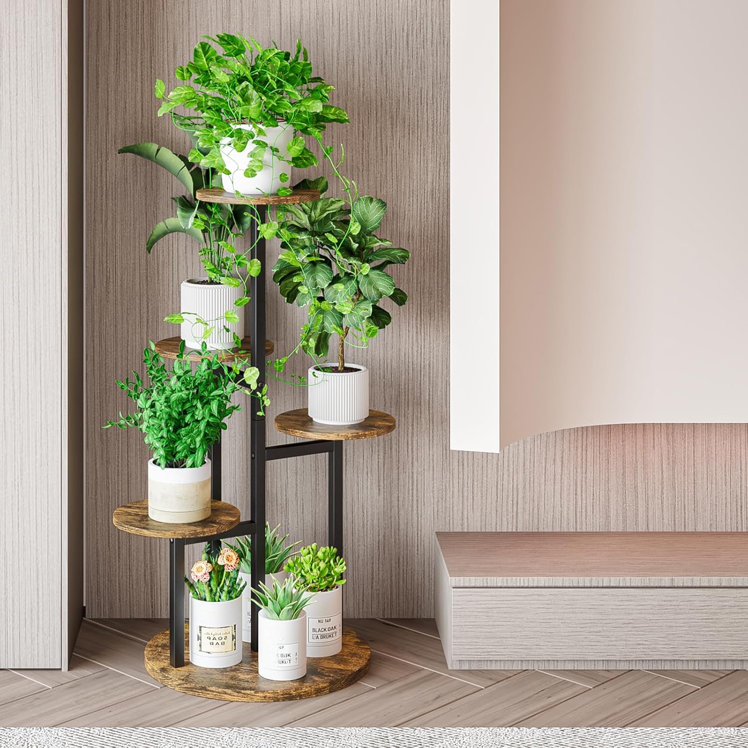 Plant Stand Indoor 5 Tier 8 Potted Multiple Flower Pot Holder for Patio Garden Balcony Living Room Corner (5 Tier Black+Rustic Brown)