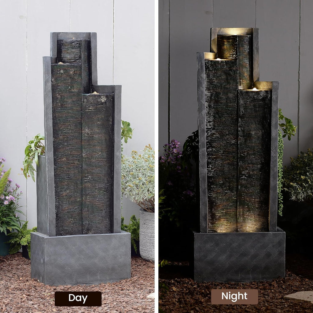 49.6" H Garden Fountains Outdoor Modern Cascading Indoor Water Fountain Tall Floor - Standing Fountain with Lights for Garden, Patio, Yard, Deck and Home Art Decor