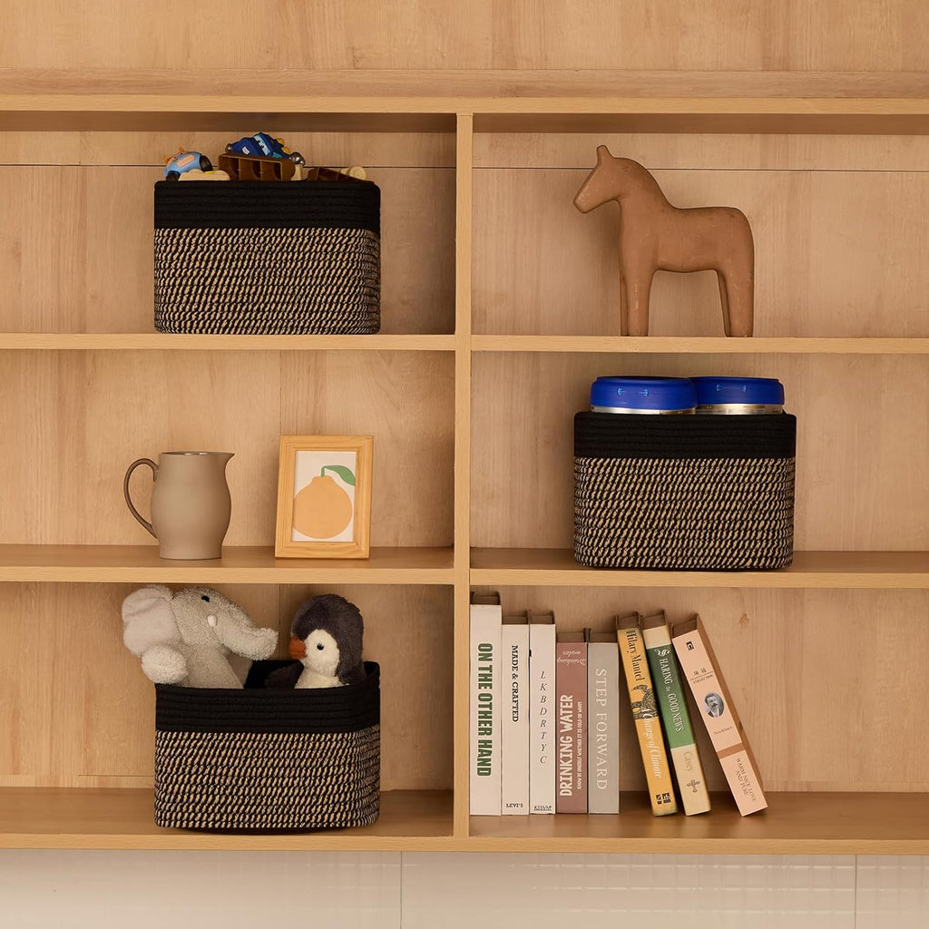 Small Organizing Baskets for Cubes Shelf, 9.7x9.7x7.1 Inch Rope Woven Storage Bins for Nursery Shelves Storage, Cute Toy Basket, Square 3 Packs Black Brown
