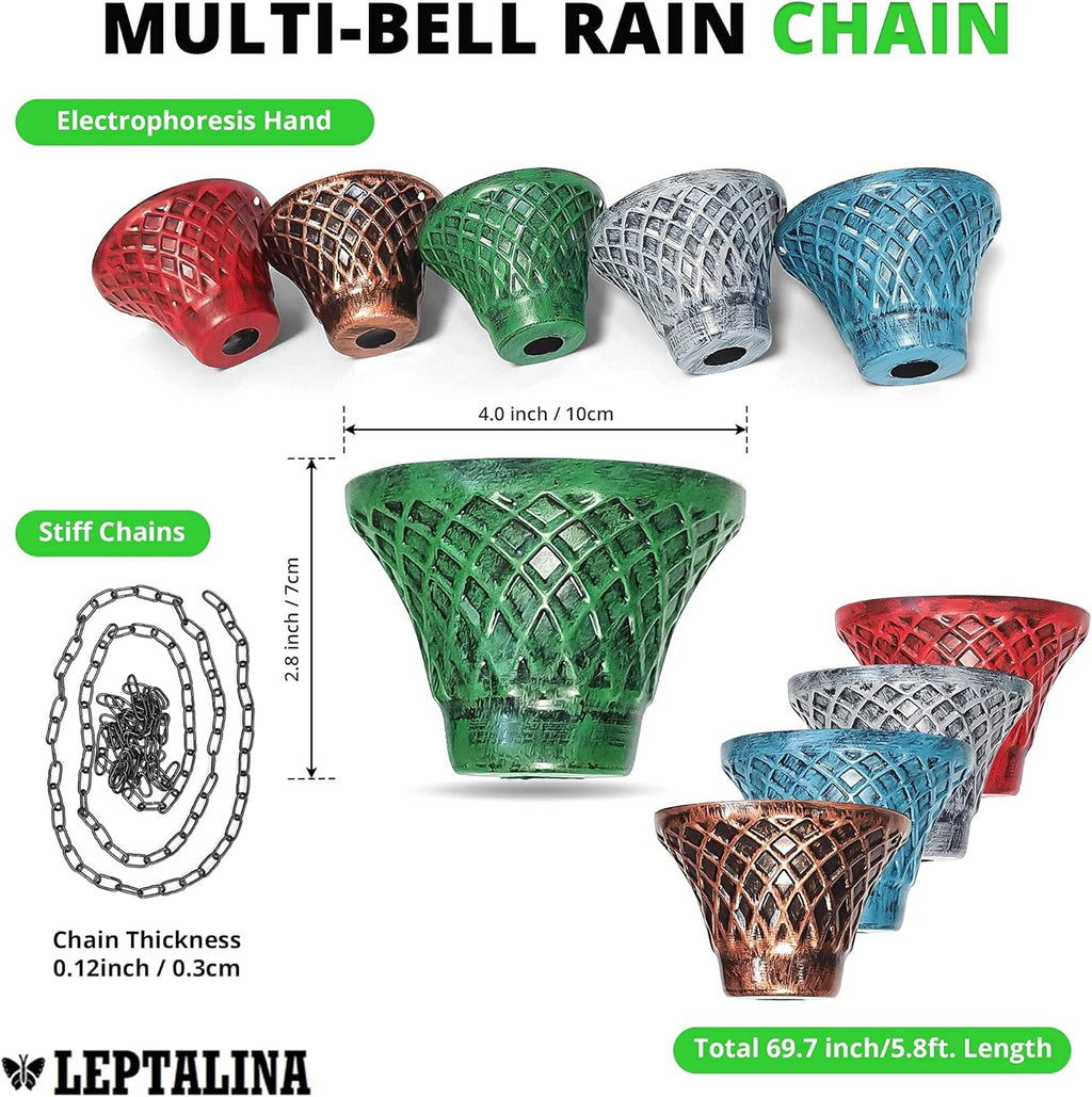 5.8FT Multicolor Iron Rain Chains for Gutter and Rain Barrel, Rust-Resistant Plated Garden Décor Rain Chain for Downspout, Bonus Rain Chain Gutter Adapter