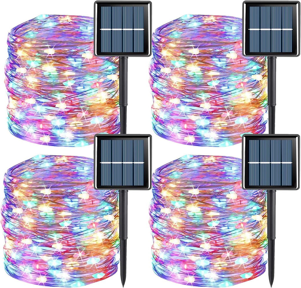 YEGUO Solar Fairy Lights Outdoor Waterproof, 4 Pack Each 33ft 100 LED String Lights, 8 Modes Silver Wire Twinkle Lights (Multicolor)