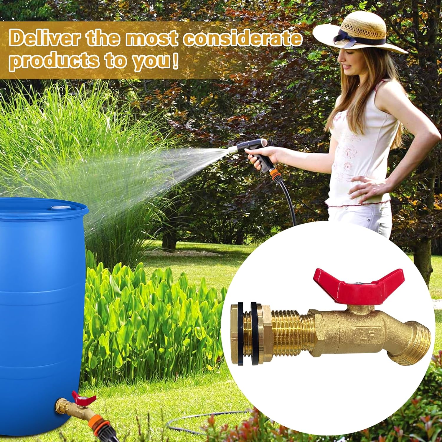 Rain Barrel Spigot Kit 3/4" GHT Lead-Free Compliant Brass Garden Hose Valve+Brass Garden Hose Bulkhead Fitting for Rain Barrels Aquariums Water Tanks Tubs Pools Spigot