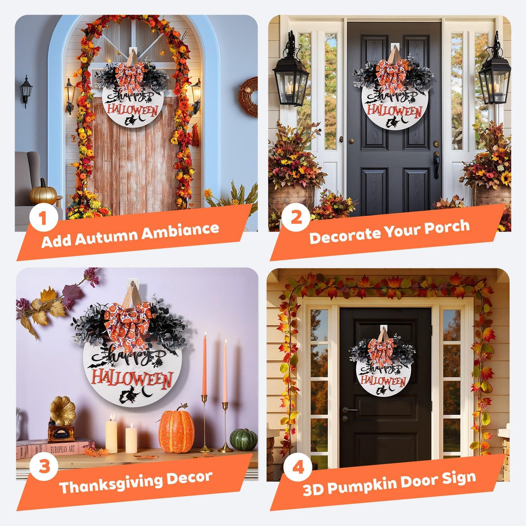 Halloween Door Hanger Sign Wooden Welcome Decor with Bat - Fall Wreaths for Front Door Hanging Decorations for Happy Halloween Party Indoor Outdoor Wall Decor Supply