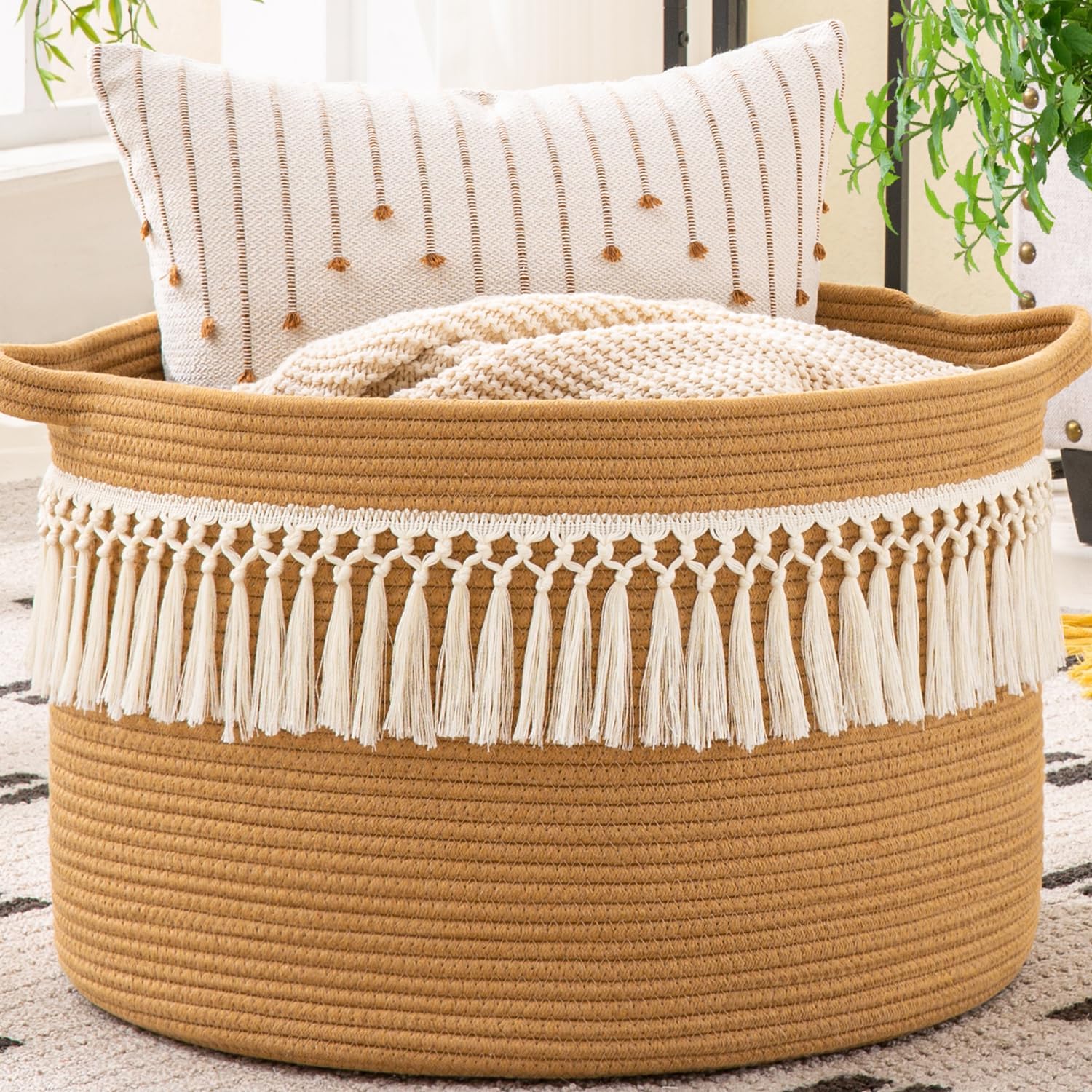 KAKAMAY Large Blanket Basket (20"x13"),Woven Baskets for storage Baby Laundry Hamper, Cotton Rope Blanket Basket for Living Room, Laundry, Nursery, Pillows, Baby Toy chest (Brown Fringe)