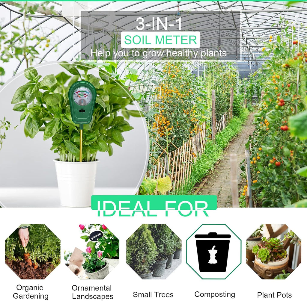3-in-1 Soil Test Kit, Soil Moisture Meter/Soil ph Meter/Fertility Soil Tester, Soil Hygrometer for Garden, Farm, Plant, Outdoor, Indoor, Lawn Care Moisture Meter for Hous Plants (No Battery Needed)