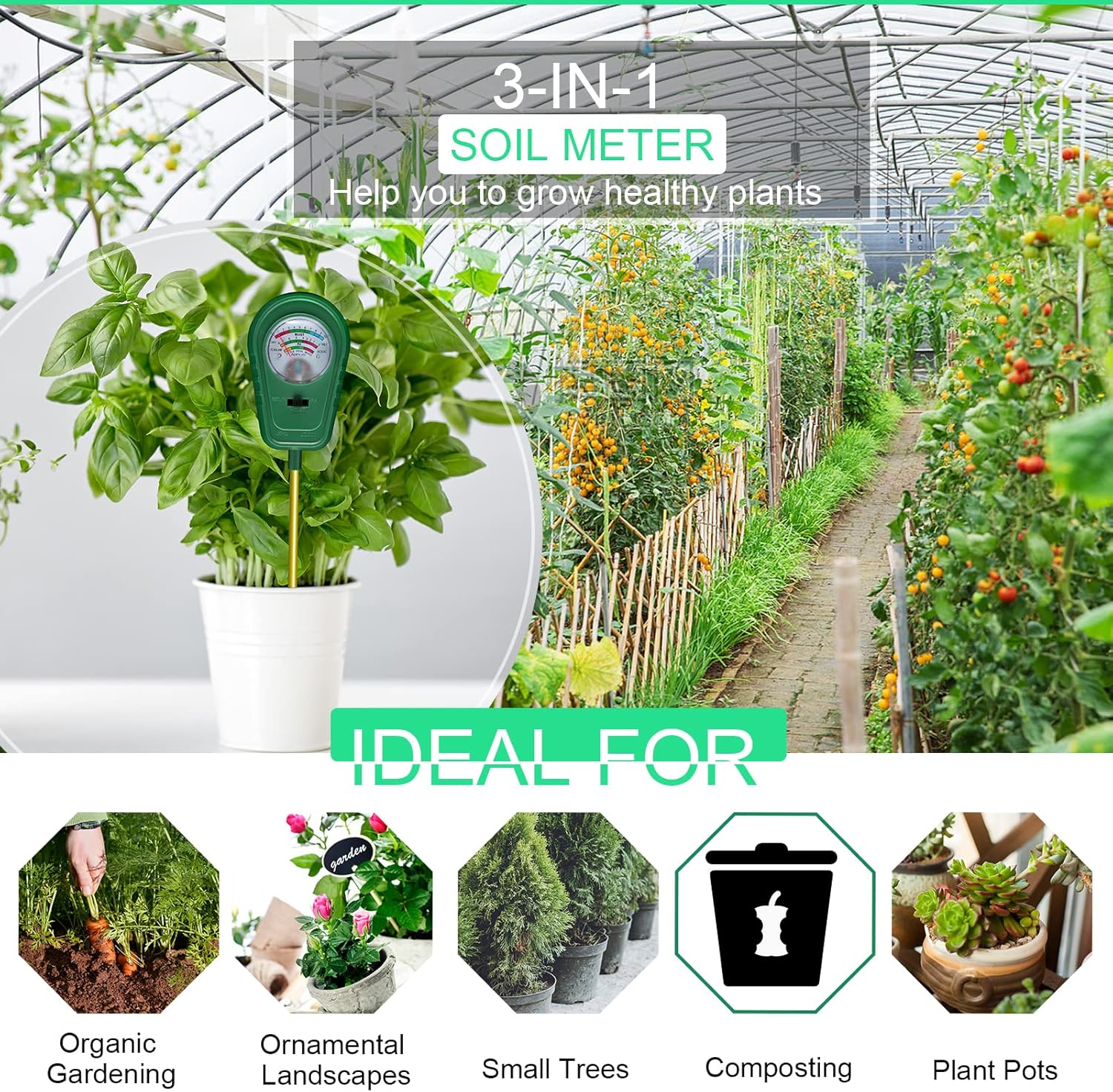 3-in-1 Soil Test Kit, Soil Moisture Meter/Soil ph Meter/Fertility Soil Tester, Soil Hygrometer for Garden, Farm, Plant, Outdoor, Indoor, Lawn Care Moisture Meter for Hous Plants (No Battery Needed)