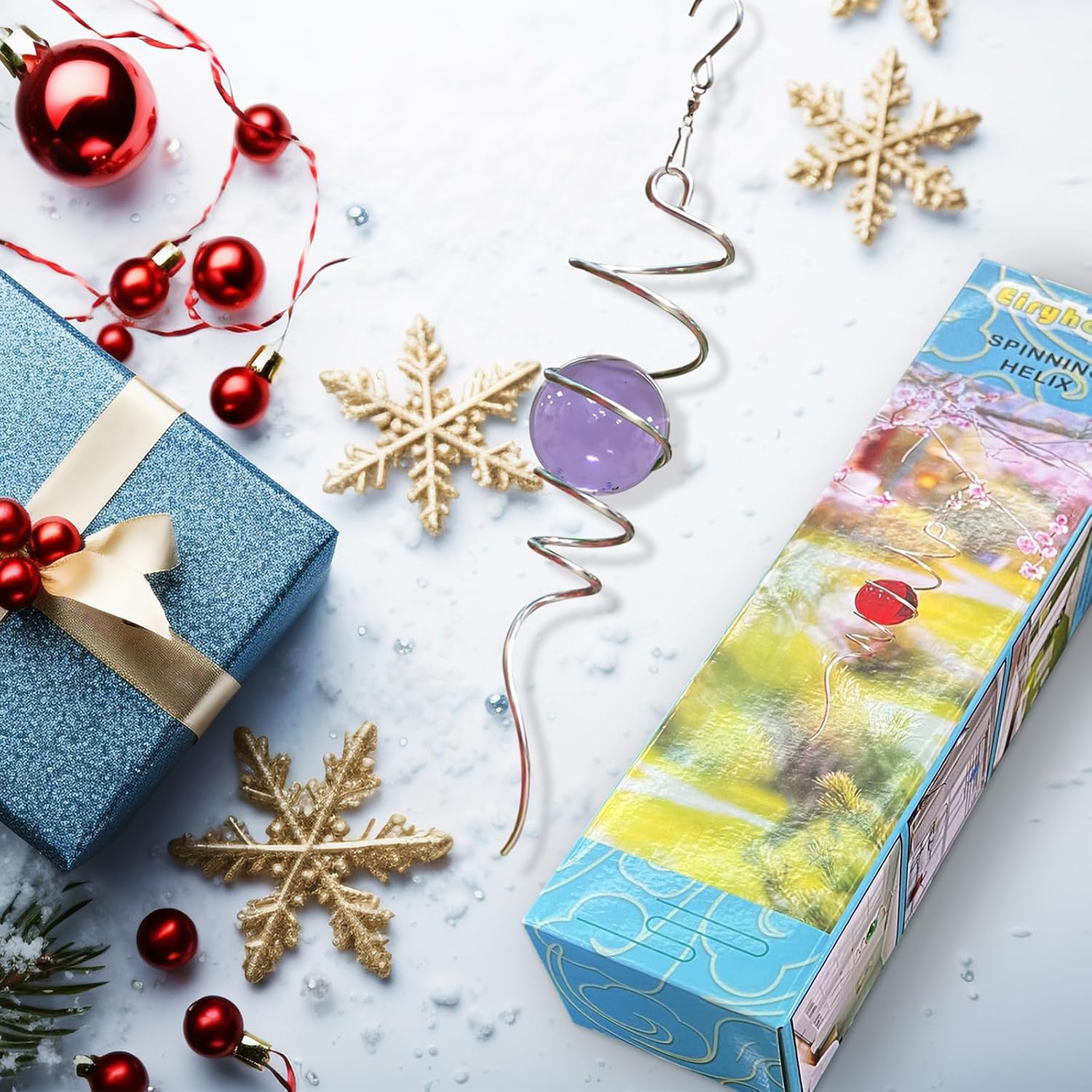 Gazing Ball Spiral Tail, Wind Spinner Stabilizer with Purple Glass Orb | 13-Inch Sun Catcher Rainbow Maker, Mesmerizing Rotating Art for Outdoor Garden Yard | Unique Hanging Decor & Gift