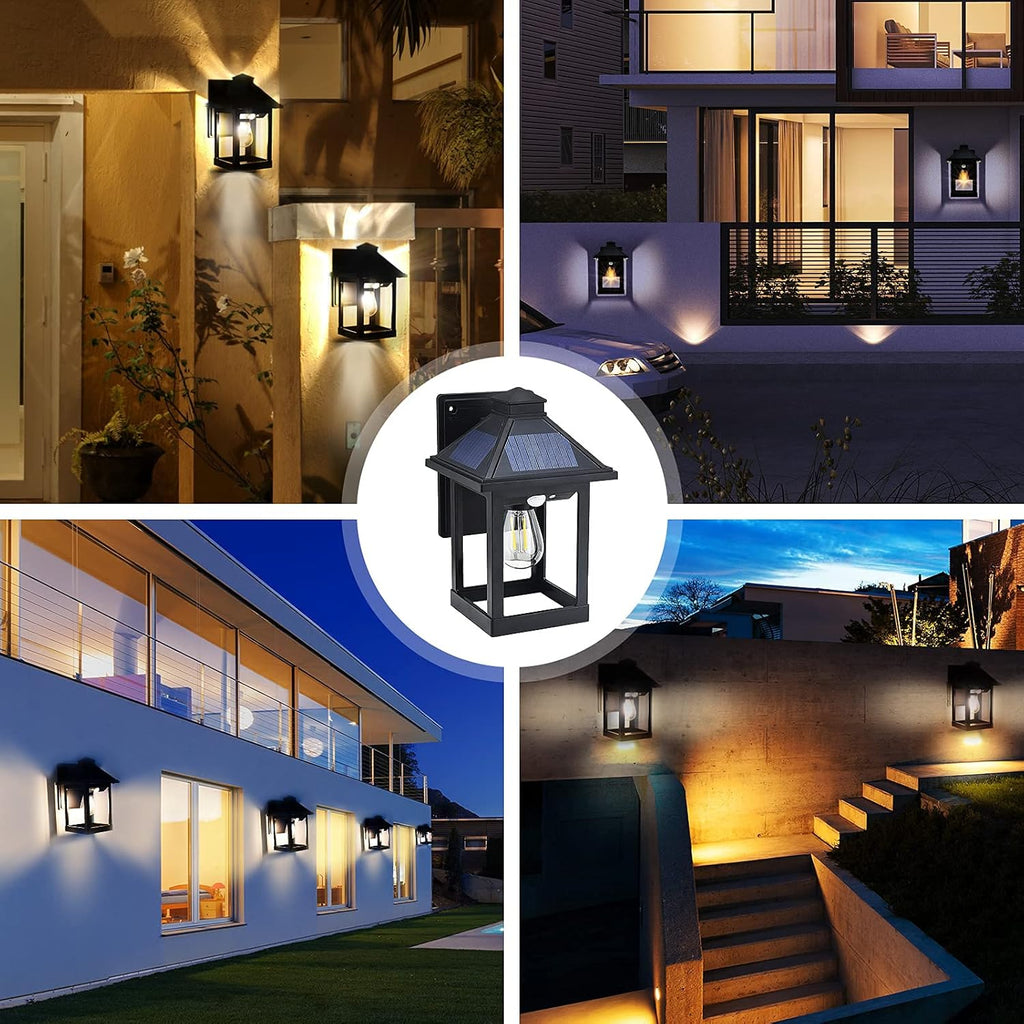 Solar Wall Light Outdoor with 3 Lighting Modes, Dusk to Dawn Led Wall Mount Sconce Exterior Motion Sensor Security Porch Lantern Light Fixture Waterproof for Patio Fence Outside Decorative
