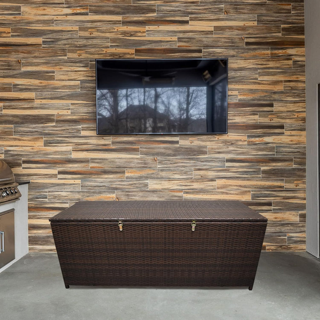 Oakland Living Brown Indoor and Outdoor Balcony Patio Deck Porch Pool 113 Gallon Wicker Storage Box Trunk Bin with Metal Frame