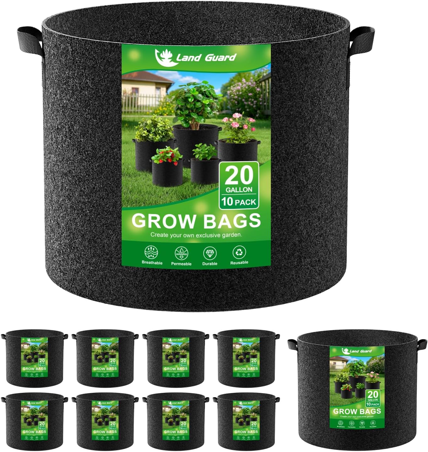 Land Guard 10-Pack Fabric Grow Bags 20 Gallon, Thickened Nonwoven Garden Pots, Growing Bags with Handles, Black