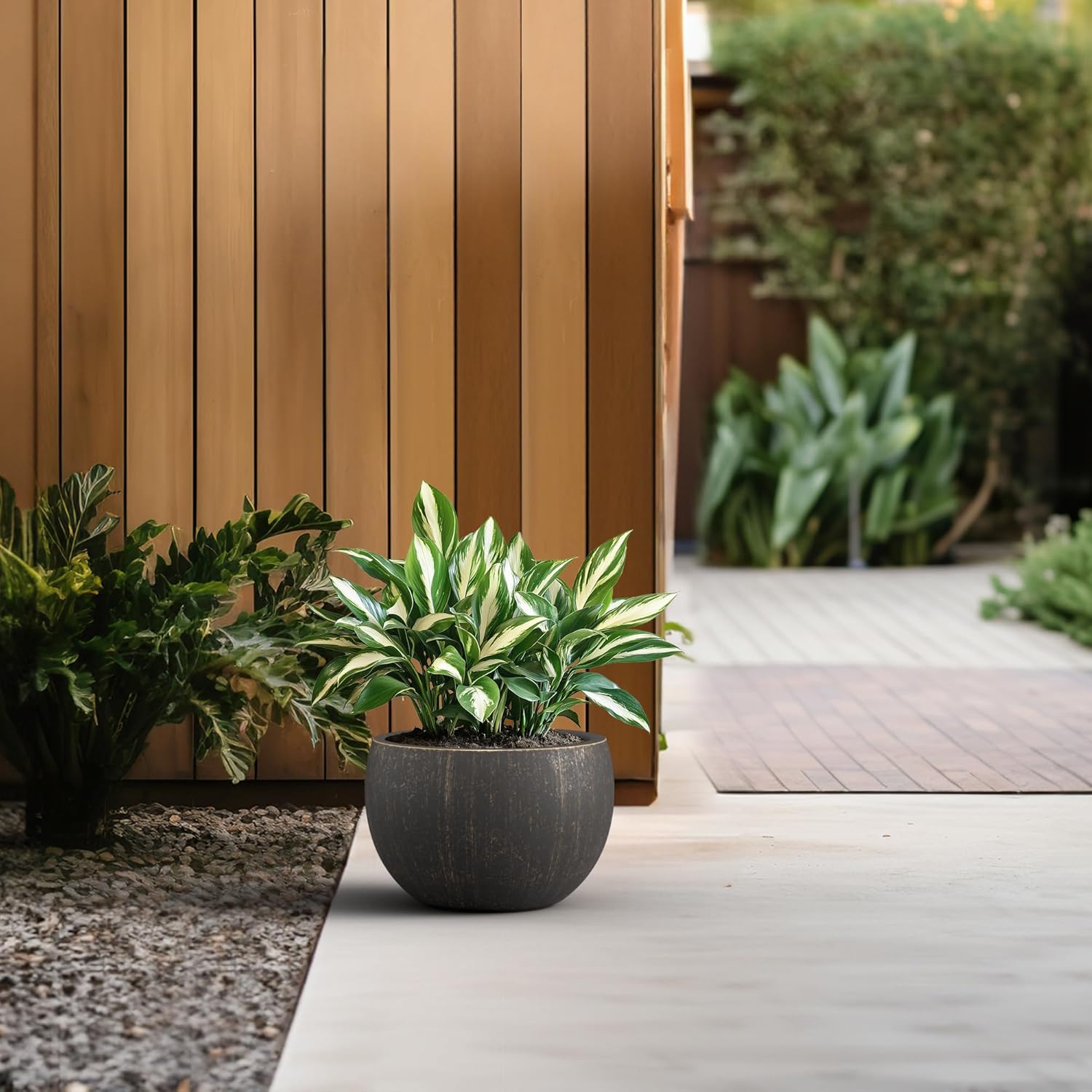 Kante 19.9" Dia Round Concrete Planter, Outdoor/Indoor Large Bowl Plant Pots with Drainage Hole and Rubber Plug for Garden Patio Balcony Home, Oil Rubbed Bronze