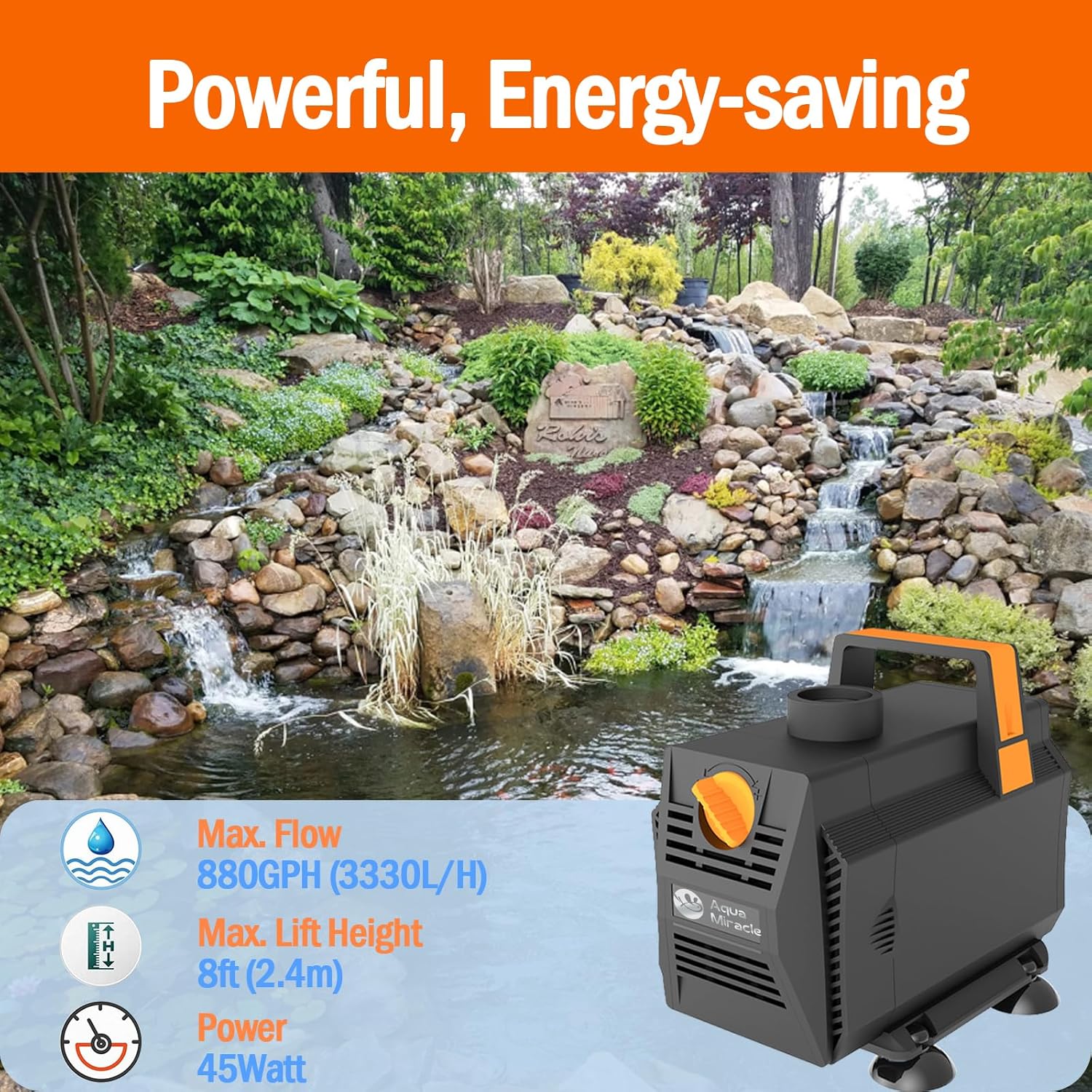 AquaMiracle 880GPH Aquarium Water Pumps (3330L/H, 45W) Fountain Pump Pond Pump Submersible Water Pump with Flow Control for Fountain, Waterfall, Statuary, Filtration, Water feature, Hydroponics