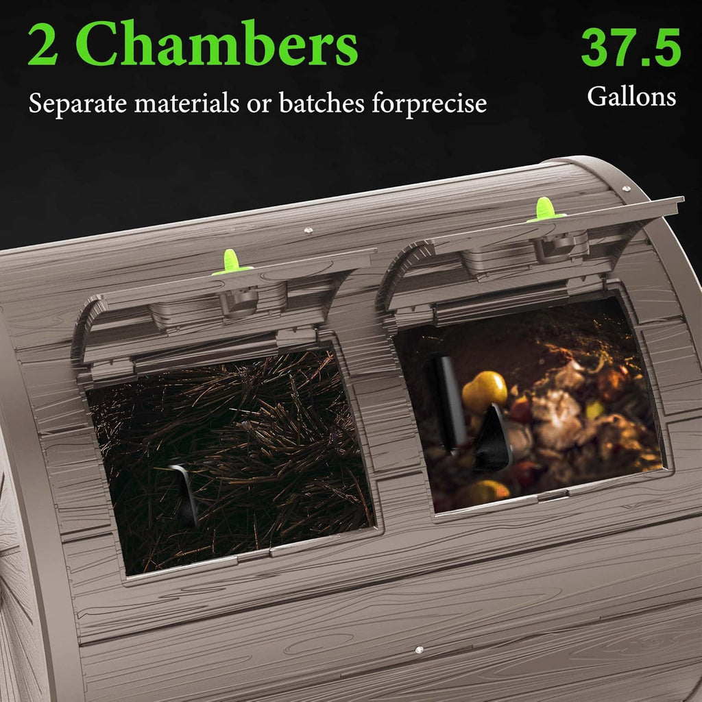 Dual-Chamber Outdoor Compost Tumbler, 37.5-Gallon Efficient Rotating Composter, UV-Resistant and Weatherproof, for Garden, Kitchen, and Yard (Grey)