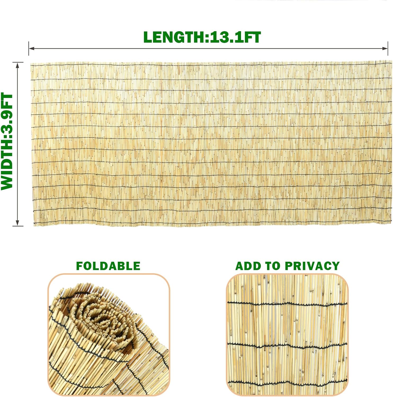 2 Pcs Jollybower Natural Reed Fencing Rolls, Eco-Friendly Reed Fence Curtain, 4Ft High x 13Ft Long Reeds Screen, Decorative Fence for Garden Privacy, Balcony and Window