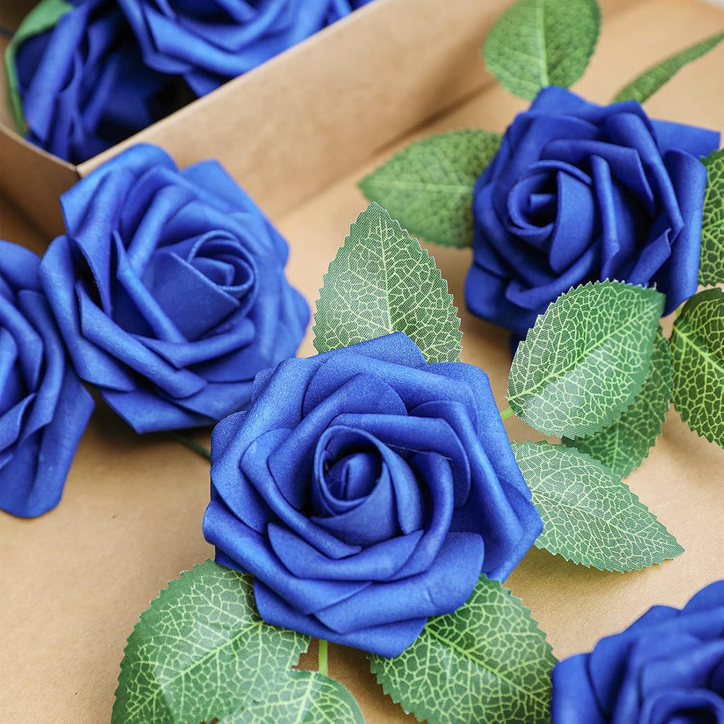 AmyHomie Artificial Flower Royal Blue Rose 25pcs Real Looking Fake Roses w/Stem for DIY Wedding Bouquets Centerpieces Arrangements Party Baby Shower Home Decorations