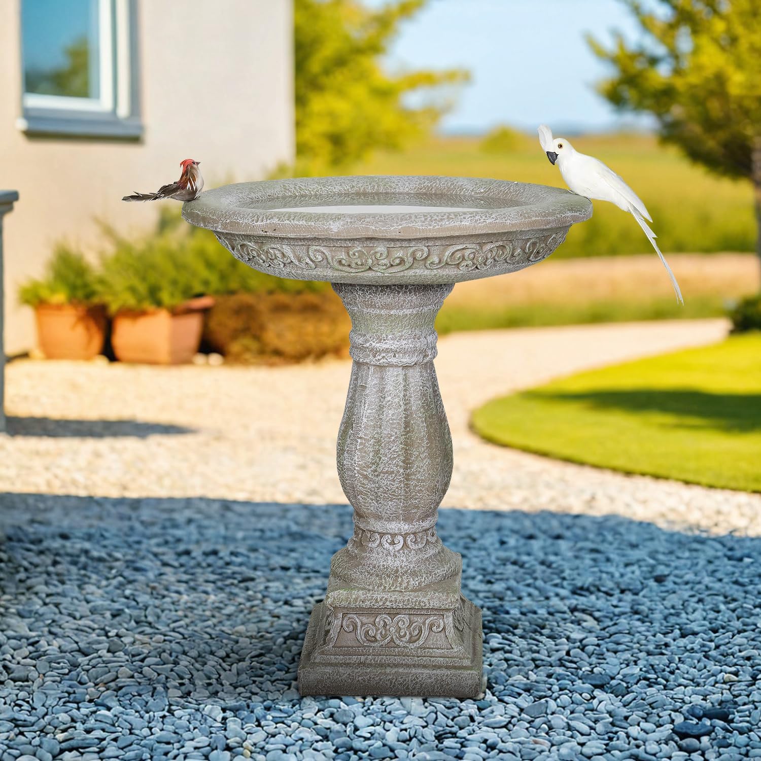 SunJet 23.8 Inch High Concrete Bird Bath with Carved Pedestal – Birdbath Sturdy & Elegant Design, Stone-Like Texture, Attracts Birds and Enhances Garden, Patio, Yard, Lawn Decor