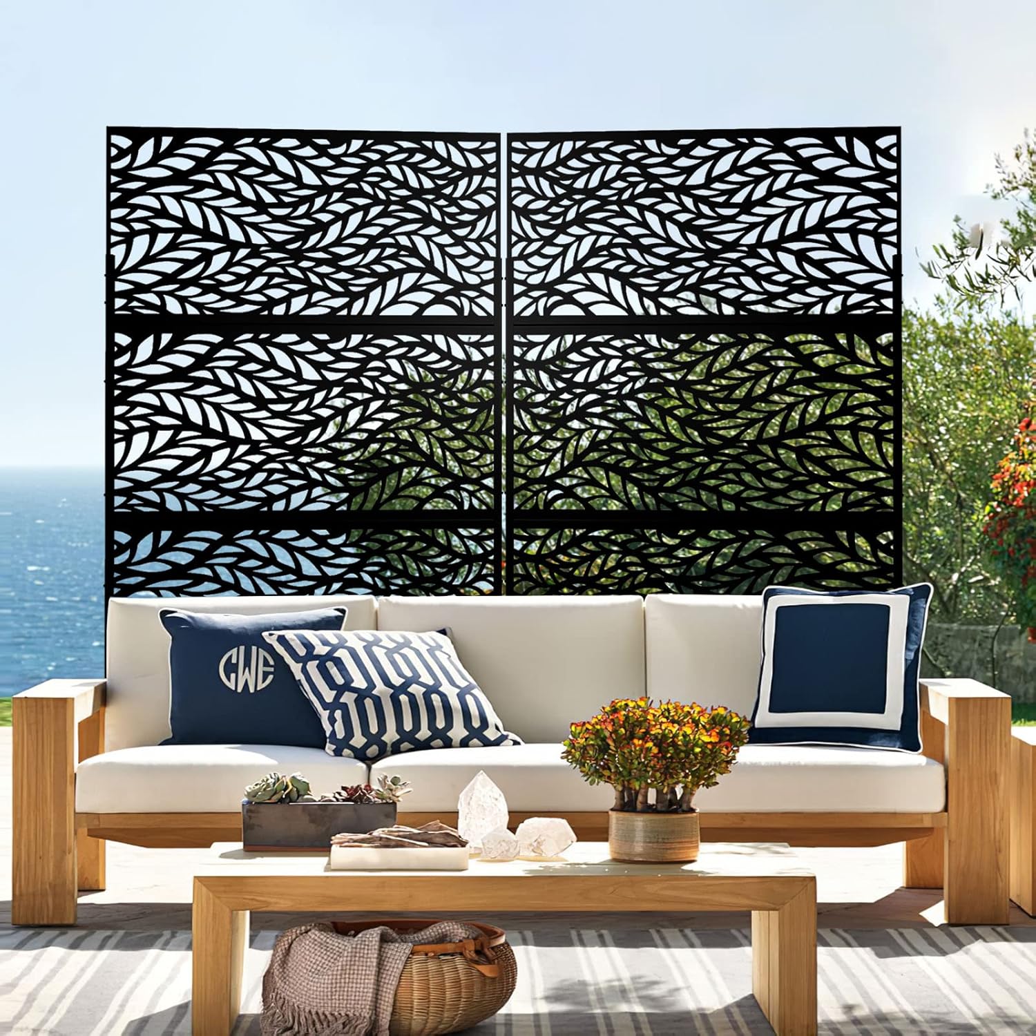 Metal Privacy Screen Outdoor 72" H×47" W,Freestanding Decorative Privacy Screen for Balcony Yard&Garden,Privacy Fence-Black&Leaves