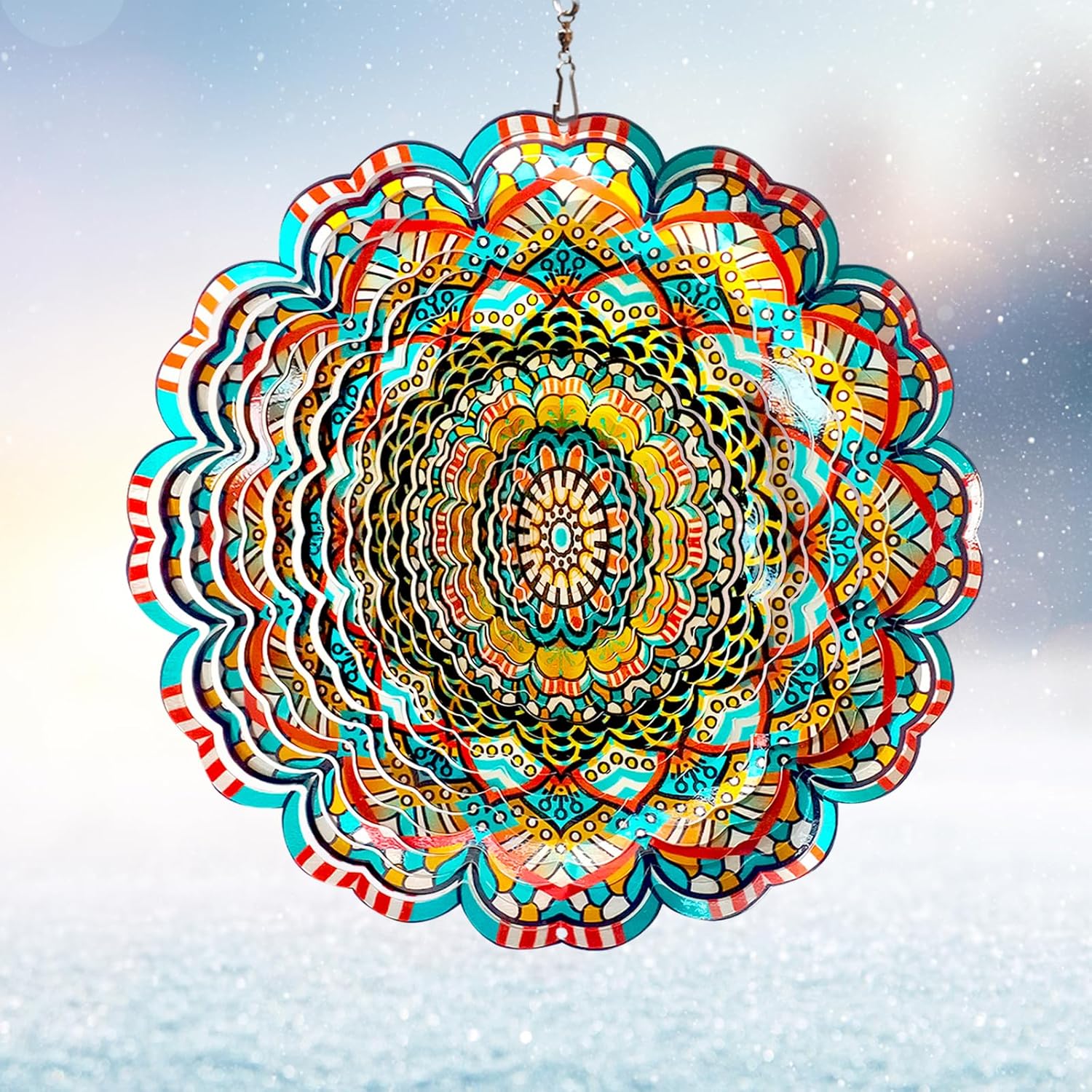 Mandala Wind Spinner - Lucky Star Design | 12-Inch Laser Cut Stainless Steel, Kinetic Hanging Wind Sculpture for Garden, Porch, Patio, Home | Outdoor 3D Metal Windcatcher & Yard Art