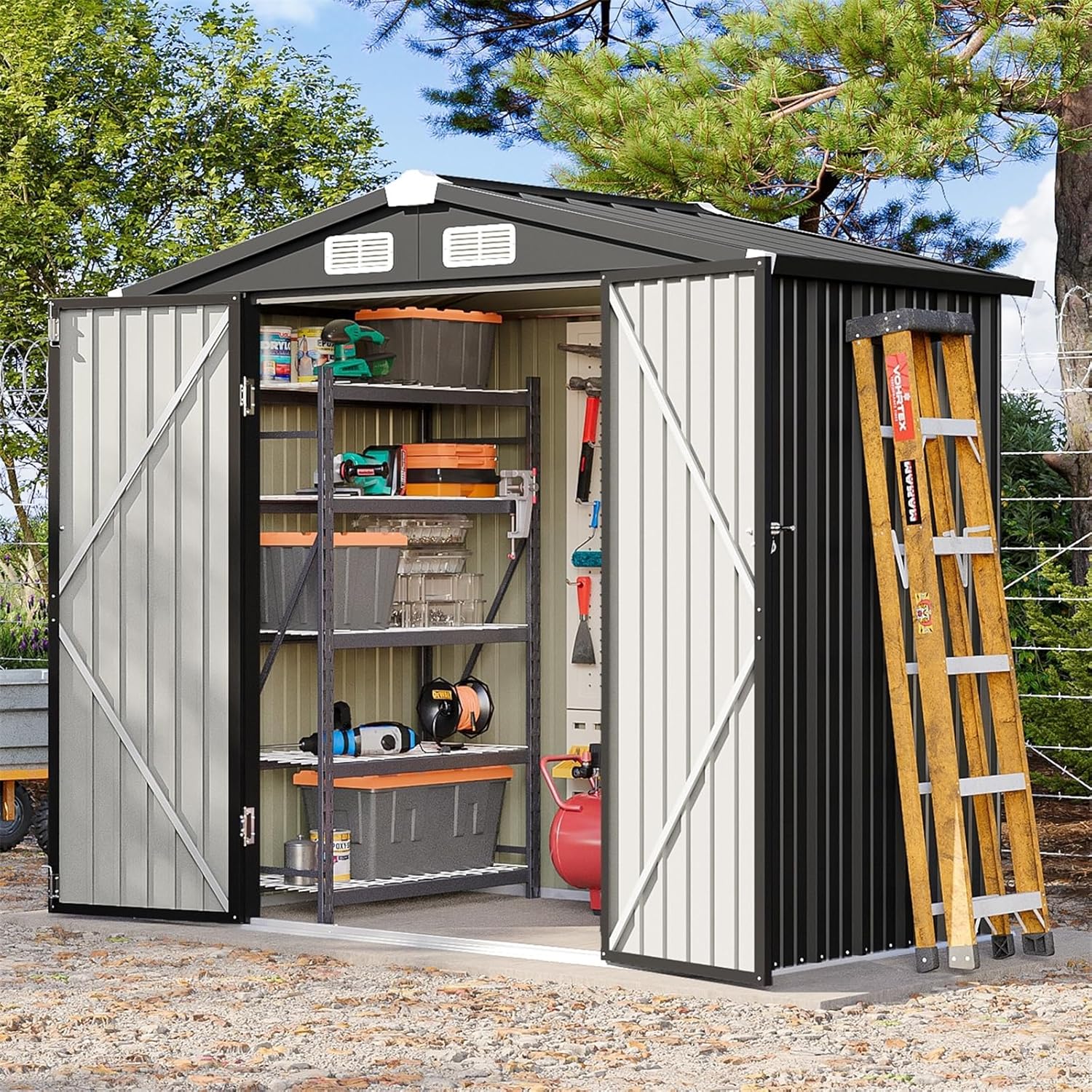 6x4 FT Outdoor Storage Shed, Metal Garden Tool Shed with Sloping Roof & Lockable Door for Patio Lawn Backyard (Black)