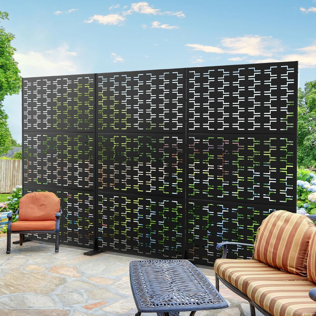 Metal Privacy Screen Outdoor 72" H×47" W, Freestanding Decorative Privacy Screen for Balcony Yard&Garden, Privacy Fence-Black&Brick