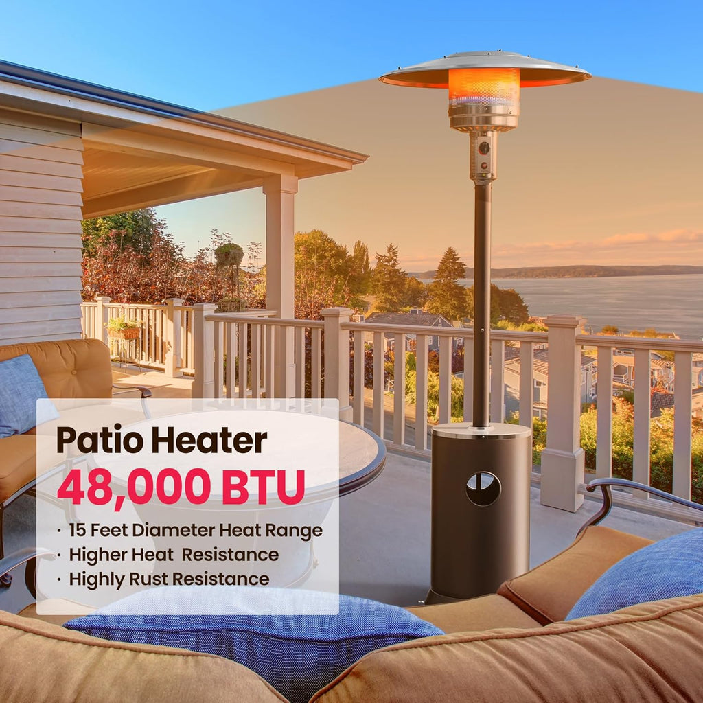 PAMAPIC 48000 BTU Patio Heater with high-strength waterproof cover, Propane Heater for Outdoor Use 2 in 1 Table Design, Double-Layer Stainless Steel Burner,Residential, Gray (Brown)