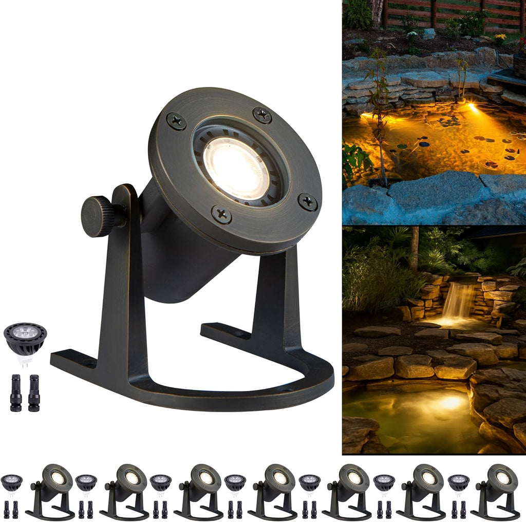 Bronze Pond Light - 12V Low Voltage Solid Brass Submersible Pondlight, IP68 Waterproof Fixture with 5000K MR16 LED Bulb for Outdoor Garden, Landscape, Waterfall, Fountain Lighting(8 Pack)