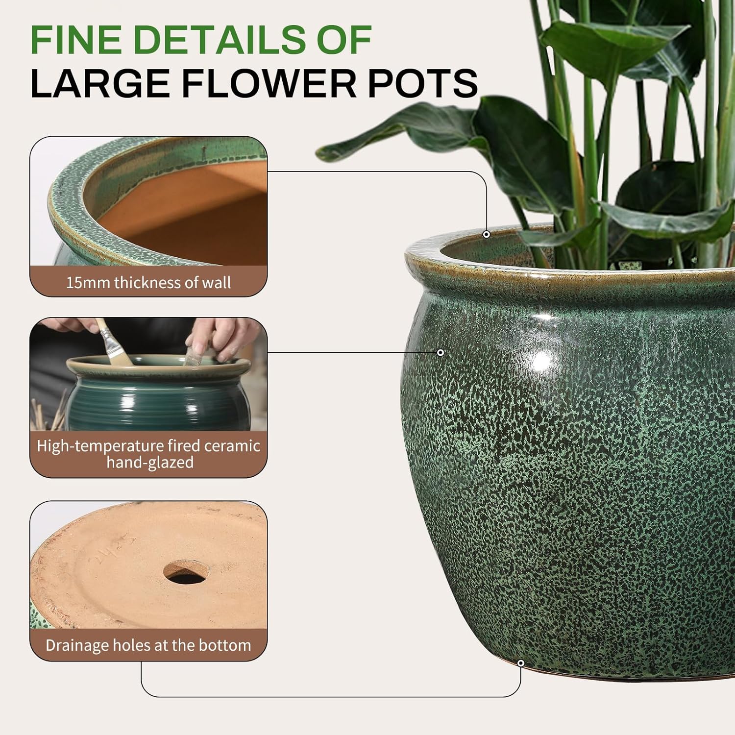 Ceramic Plant Pots Set of 3,9+11.6+14.6 Inch Flower Planters with Drainage Holes Indoor Outdoor, 19.8/8.7/3.8 Qt Capacity, Green Speckled Glaze