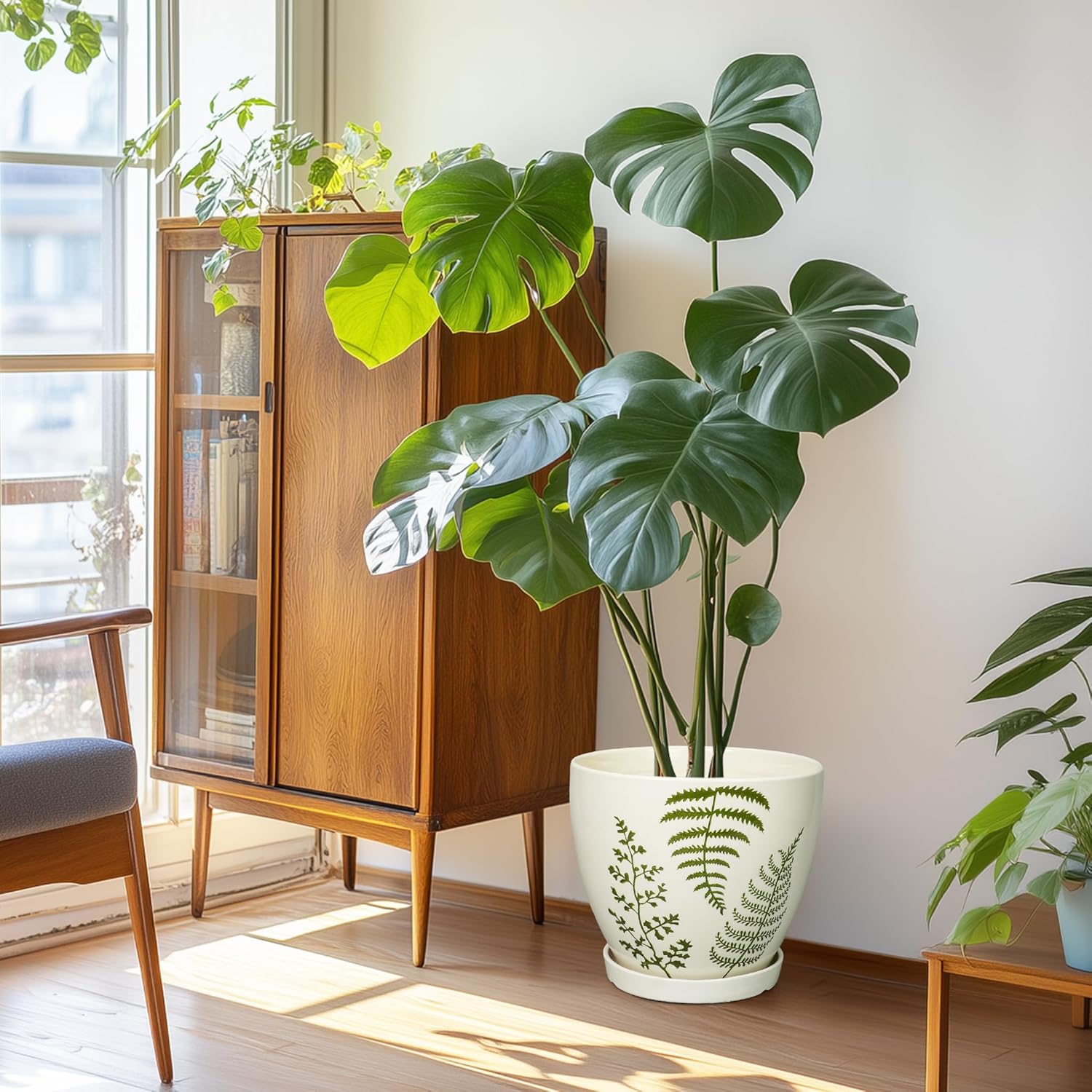 Ceramic Planter - 10 Inch Plant Pot for Outdoor Flowers with Drainage Hole and Saucer, Boho Round Decorative Indoor Flower Pot, Gifts for Plants Lovers, Home Patio Garden Room Decor, White