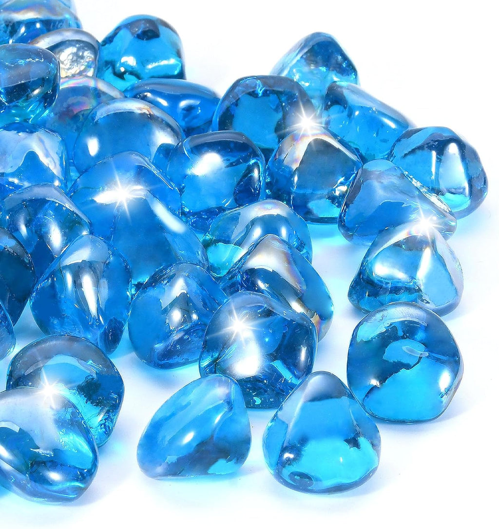 Fire Glass for Propane Firepit, Fireplace and Outdoor Decorative, Caribbean Blue Fire Pit Rocks 10LB, 1 Inch Diamond High Luster Glass Beads
