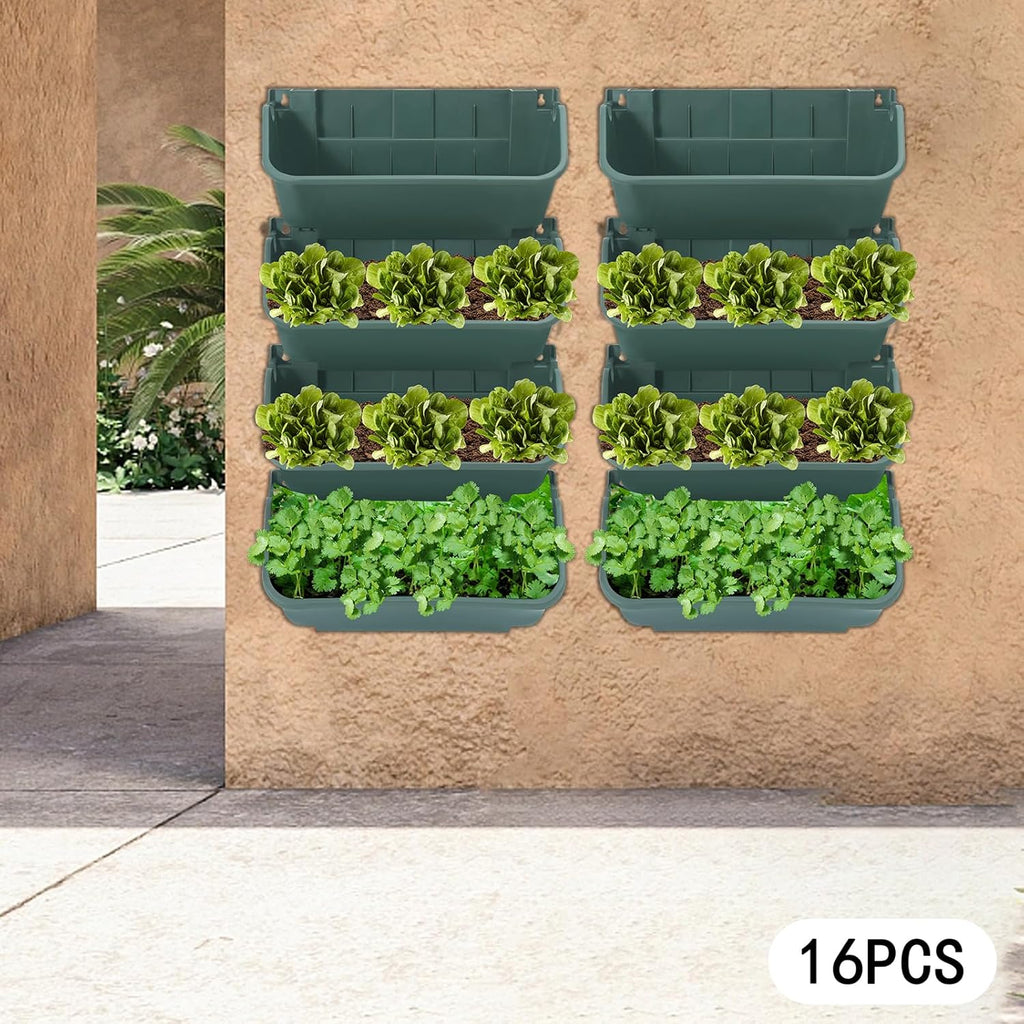 16 Pack Self Watering Wall Mounted Planter, Indoor and Outdoor Vertical Planter Wall Mounted Planter for Patio Outdoor Decor with Drainage Holes, Vertical Garden Planters for Indoor Plants- Green