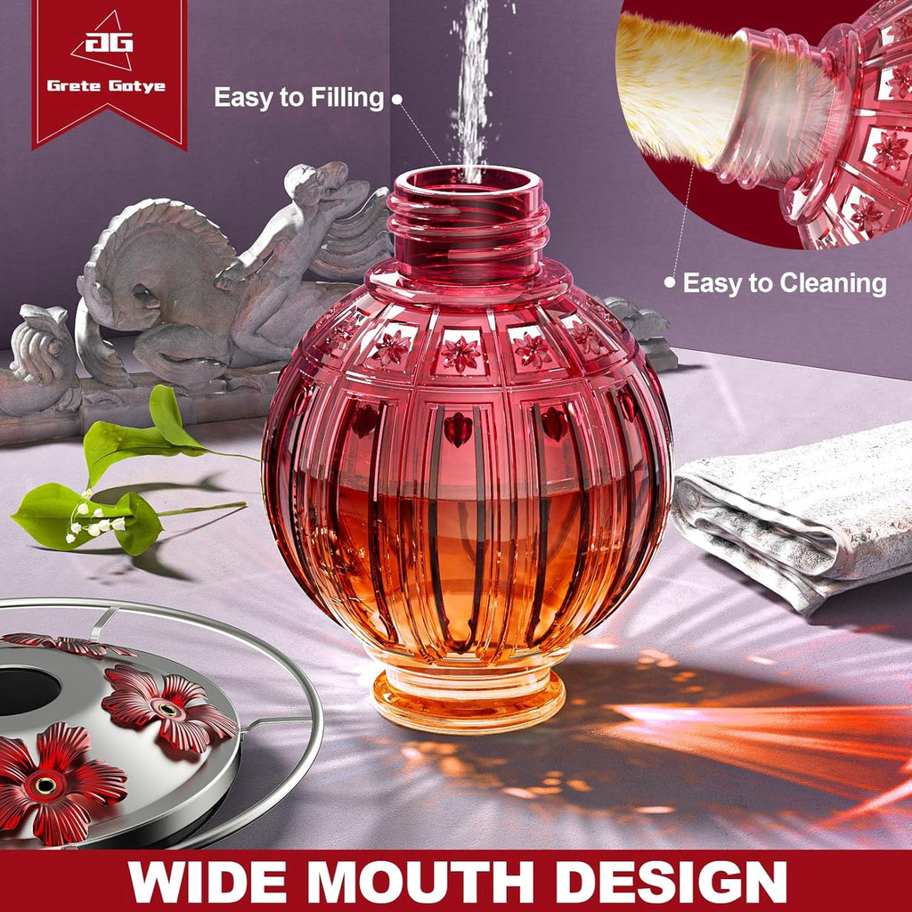 Glass Hummingbird Feeder for Outdoors Hanging, 26Oz Bird Nectar Feeder with Perch & 5 Flower Feeding Ports, Leak Proof for Outside Garden Decor Backyard, Gifts for Women Mom, Clear & Red