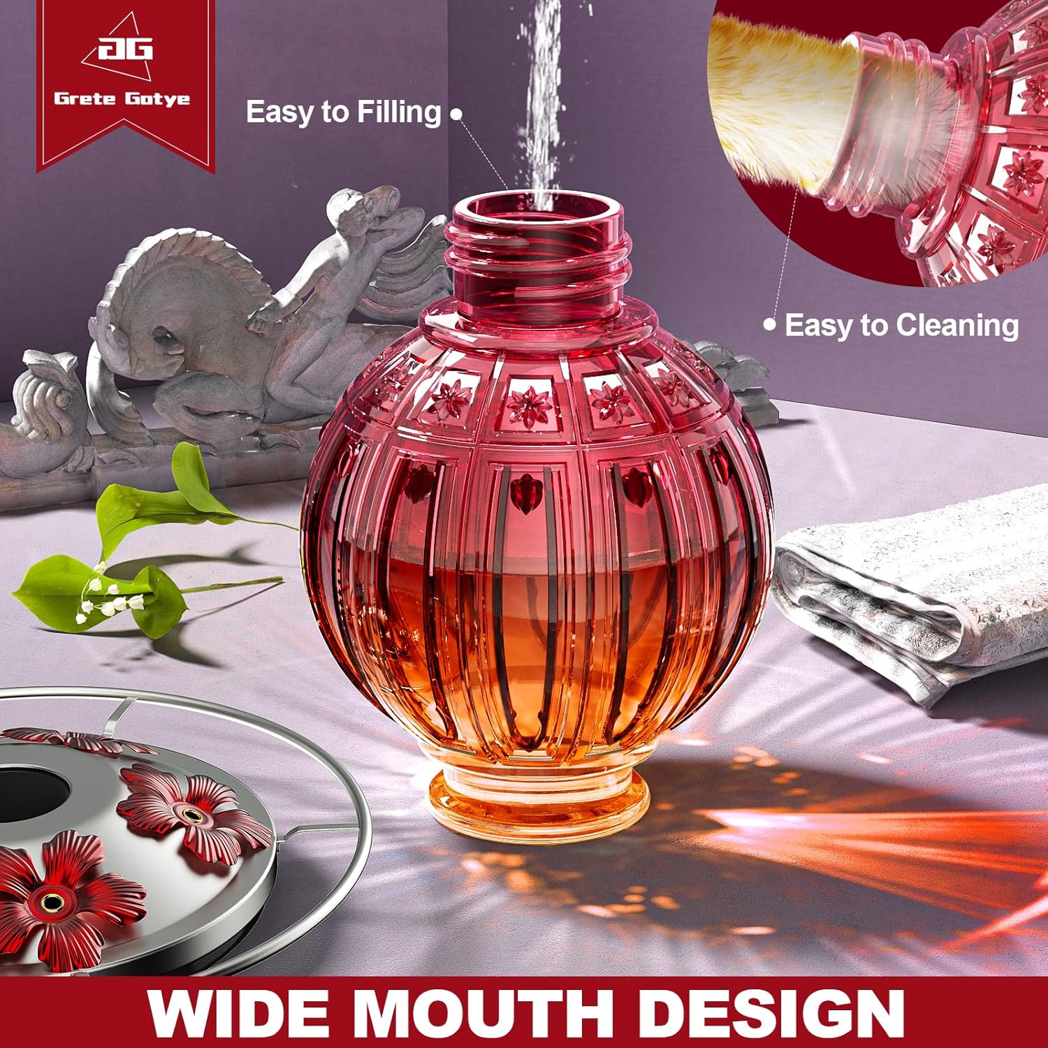 Glass Hummingbird Feeder for Outdoors Hanging, 26Oz Bird Nectar Feeder with Perch & 5 Flower Feeding Ports, Leak Proof for Outside Garden Decor Backyard, Gifts for Women Mom, Clear & Red