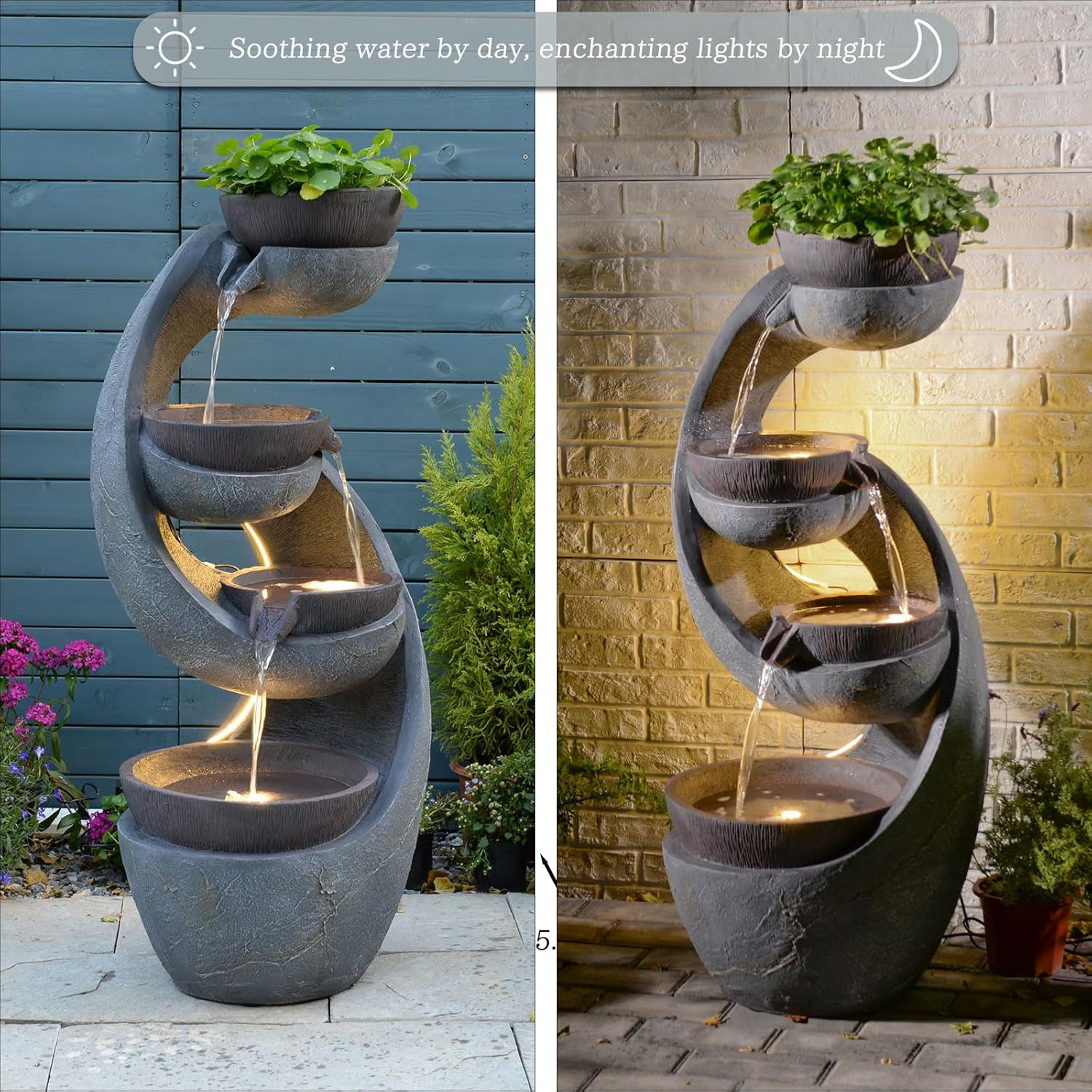 Outdoor Waterfall Fountain with LED Lights and Pump for Garden, Patio, Yard - 43.7 Inch UV-Resistant Freestanding Water Feature