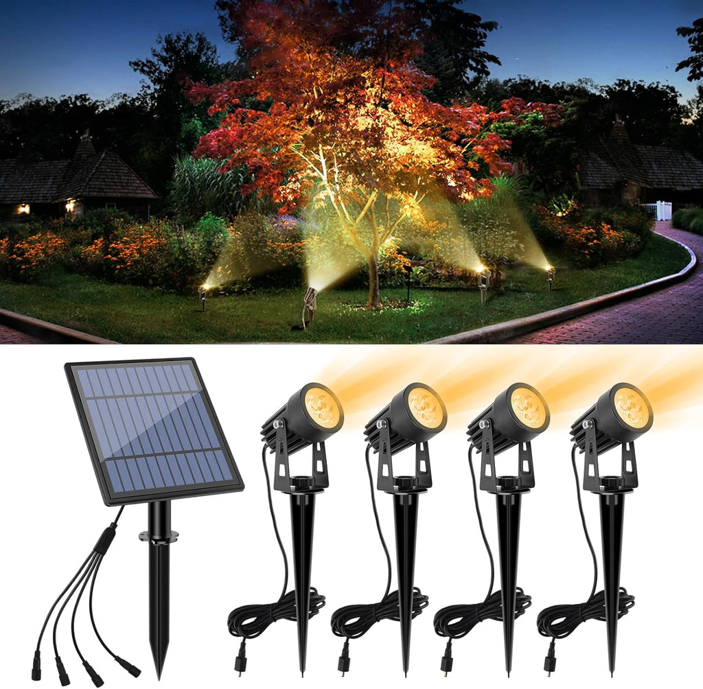 APONUO Metal Solar Spot Lights Outdoor with 9.8ft Cable Solar Powered Landscape Lighting Low Voltage IP65 Waterproof Auto On/Off for Outside Garden Yard Landscape Pathway Garage-Warm White(4-in-1)