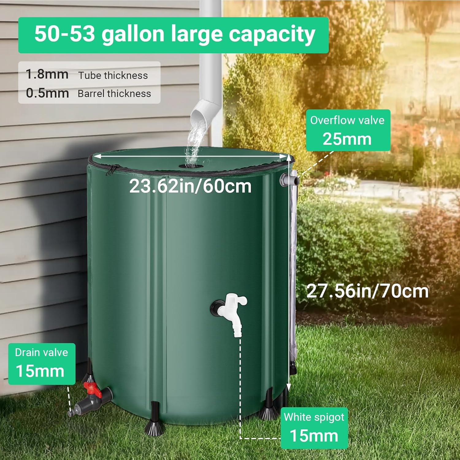 50 Gallon / 200L Rain Barrel, Collapsible Rain Barrels to Collect Rainwater from Gutter with Spigots and Overflow, 500D PVC Portable Rain Water Collection Catching System, Water Catcher Tank