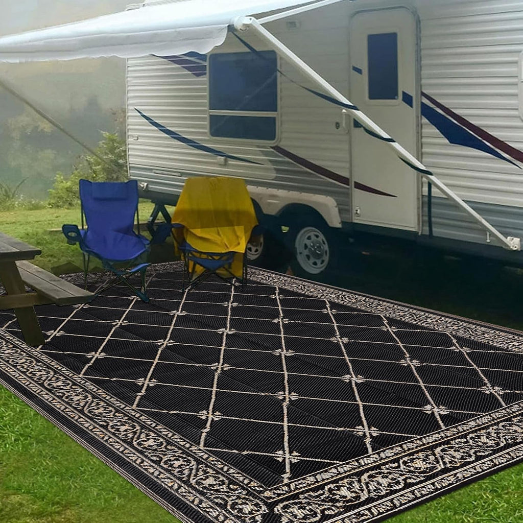 Outdoor Rug 8'x10' for Patios Waterproof Patio Rugs Outdoor Mats for Front Porch,Beach Mat,Reversible Plastic Straw Camping Rugs for Outside RV,Deck,Balcony,Backyard，Black&Beige