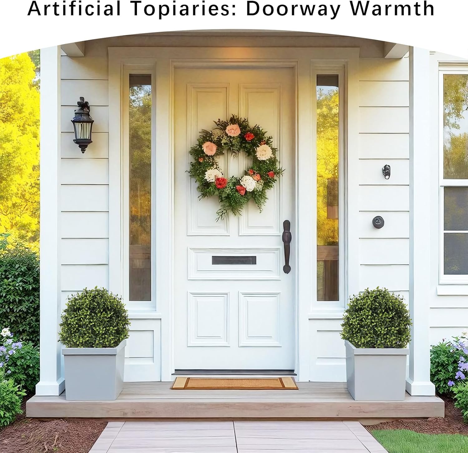 27“ Realistic Artificial Boxwood Topiary Trees Set of 2, Faux Boxwood Plants Outdoor UV-Resistant, No Maintenance Curb Appeal Fake Evergreen Bushes & Shrubs for Front Porch Outside Planter Decor