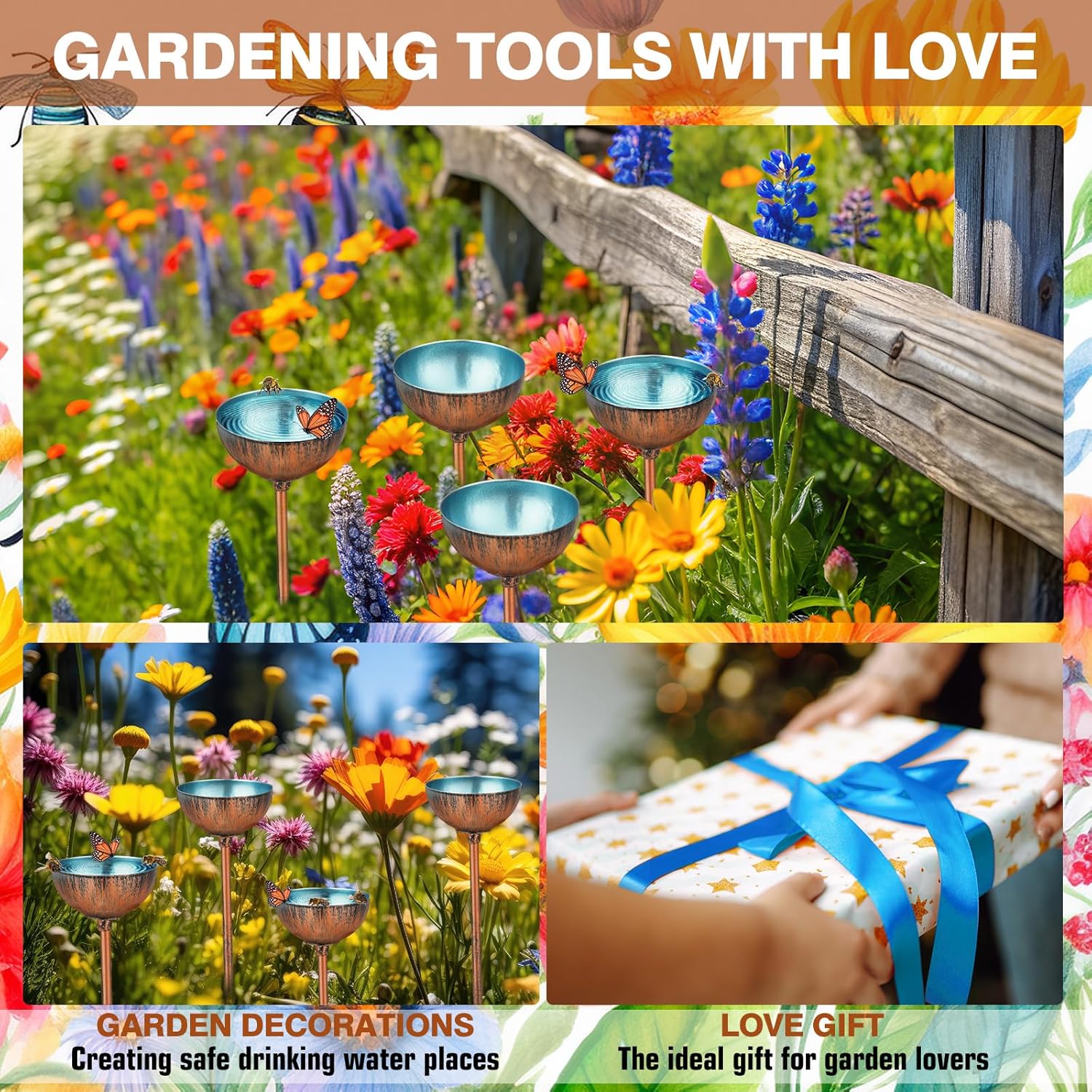 9 Pcs Bee Watering Station for Garden Bee Metal Watering Cups Butterfly Water Feeder Small Insects Bath Bowl Cups Metal Stakes for Outdoor Garden Decor, Blue