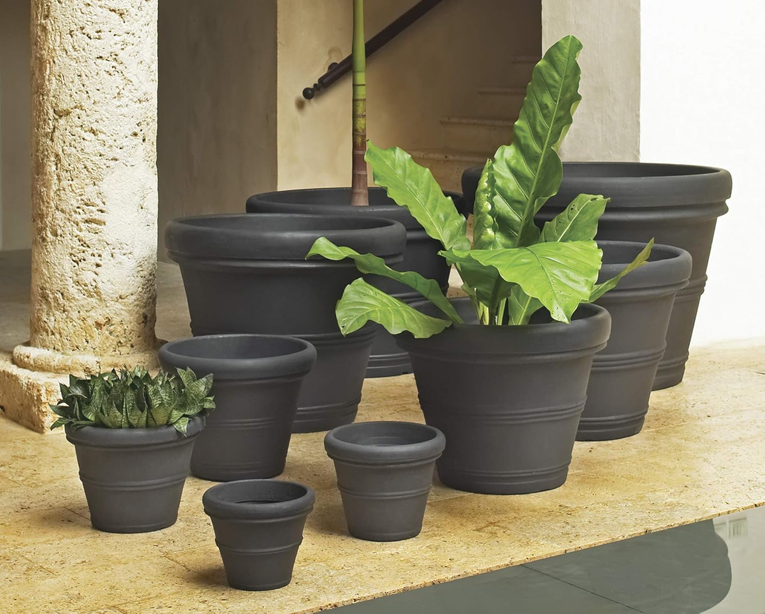 Crescent Garden Brunello Classic Rolled Rim Planter Pot, Indoor/Outdoor Weather-Safe Round Plant Pot, 12'' (Caviar Black)
