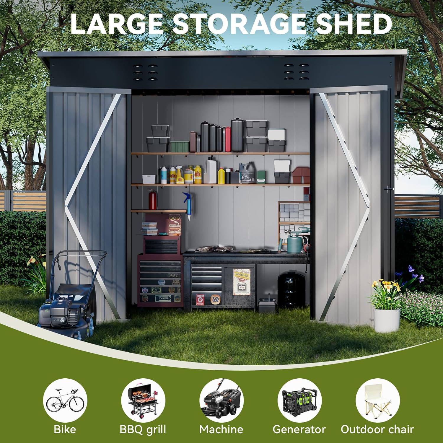 COMHOMA Shed Outdoor Storage Shed Metal,Lockable Doors Tool Sheds with Sloping Roof,Steel Garden Shed with Air Vent for Backyard,Patio,Lawn,Poolside (Grey, 8'*4')