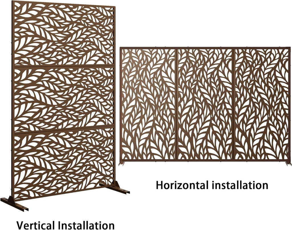Metal Privacy Screen Outdoor 72" H×47" W,Freestanding Decorative Privacy Screen for Balcony Yard&Garden,Privacy Fence-Brown&Leaf