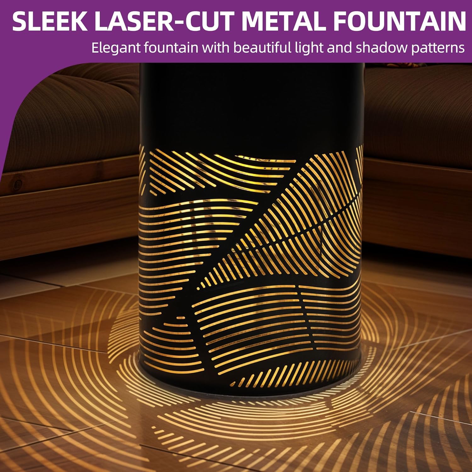 23.6" H Modern Metal Cutout Geometric Patterns Outdoor Water Fountain with LED Lights, Black Bird Bath Garden Fountain, Soothing Water Flow Creates Tranquil Ambiance for Patio, Deck, Porch Décor