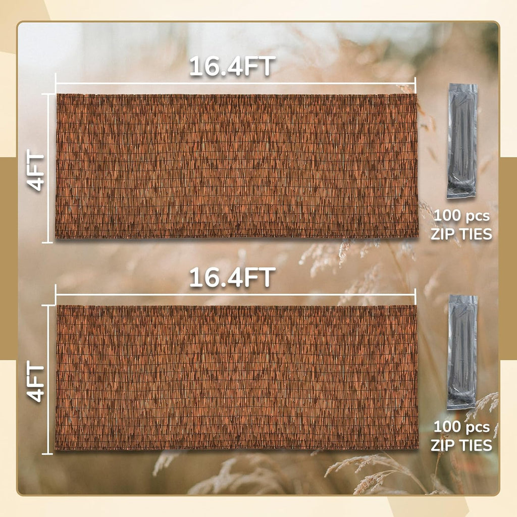 Brown 2 Pack 4FT X 16.4FT Reed Fencing Roll, Balcony Privacy Shade Reed Bamboo Fencing Garden Fence Border, Wind Block Sunshade Fence Screen for Outdoor Yard Patio Flower Bed Edge
