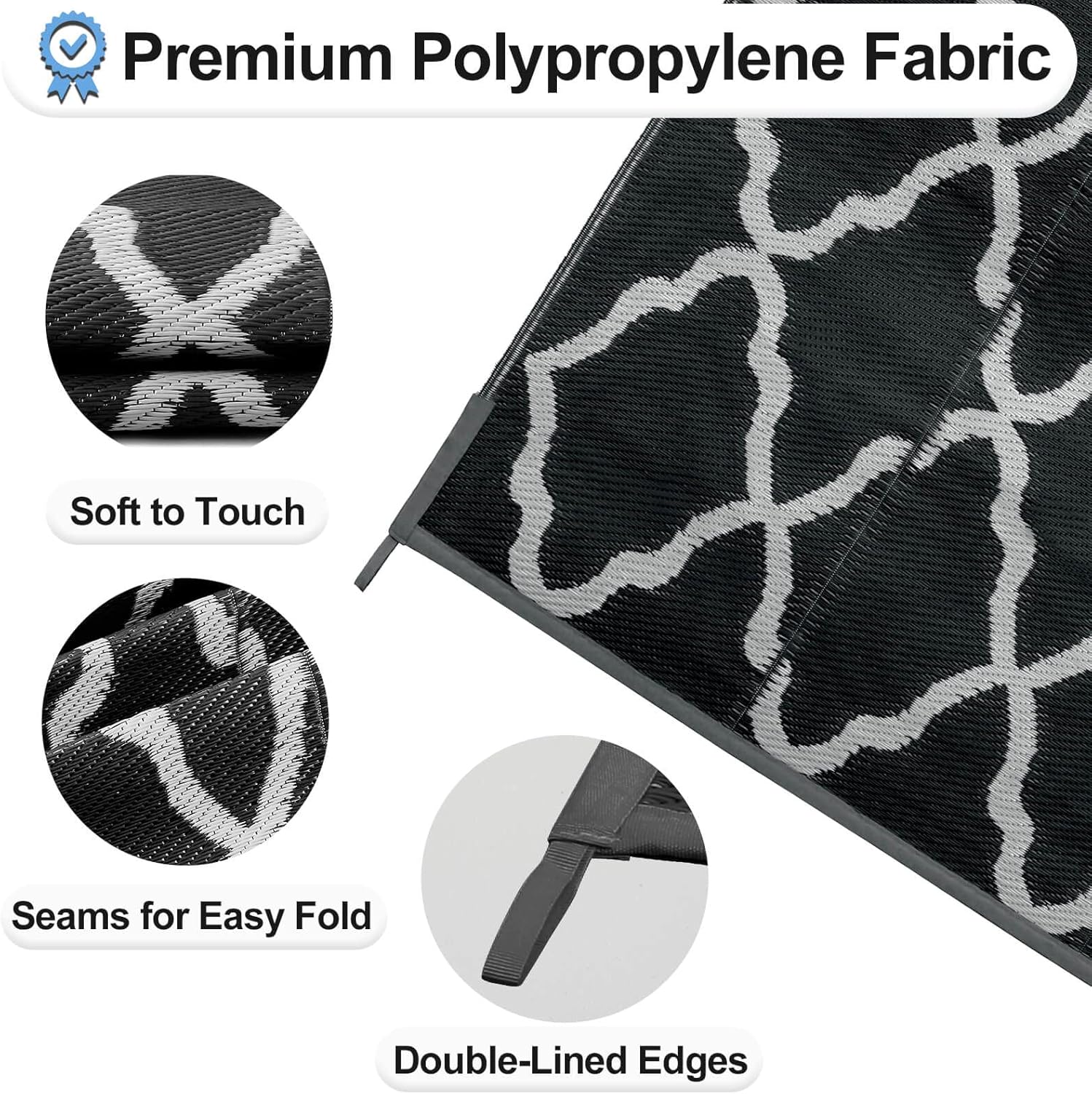 OutdoorLines Outdoor Plastic Area Rugs for Patio 6x9 ft - Reversible Outside Carpet, Stain & UV Resistant RV Mats, Straw Rug for Camping, Deck Garden, Porch and Balcony, Moroccan Black & Light Grey