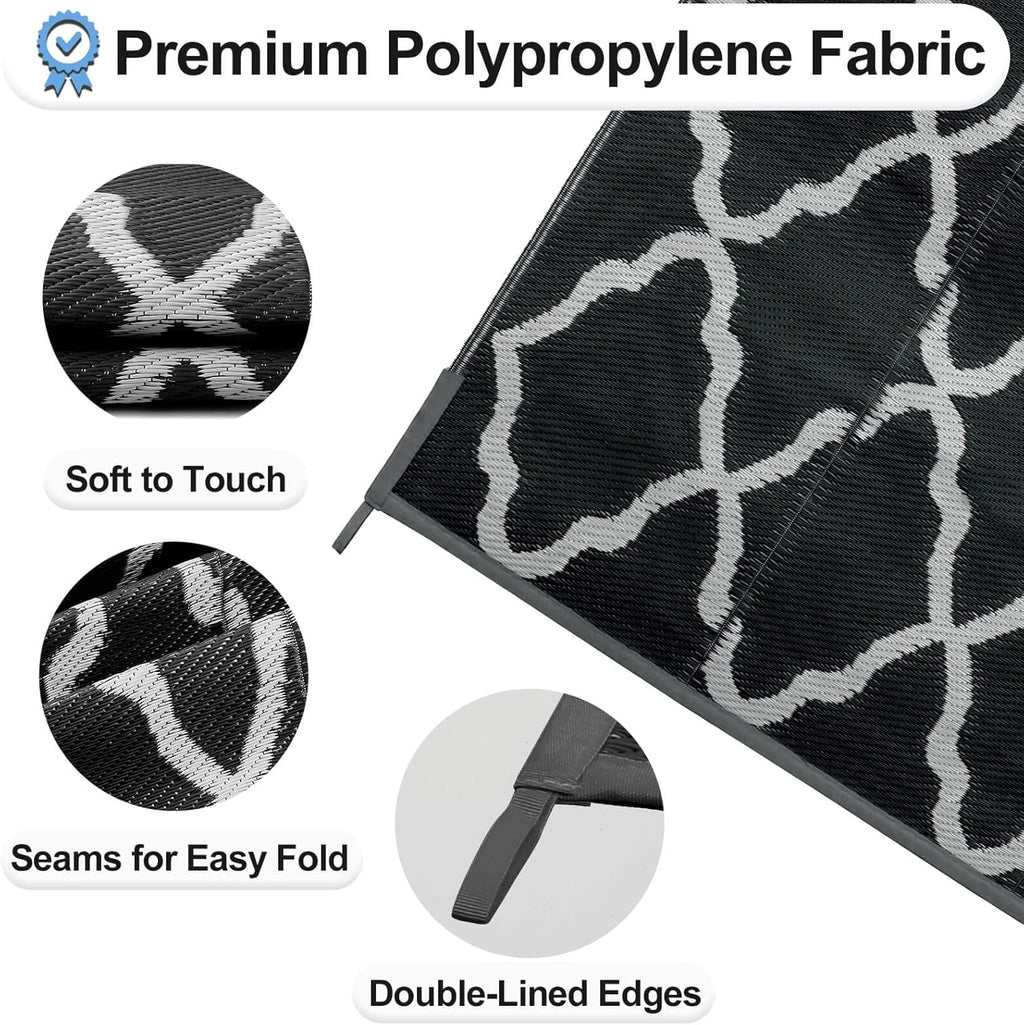 OutdoorLines Outdoor Plastic Area Rugs for Patio 4x6 ft - Reversible Outside Carpet, Stain & UV Resistant RV Mats, Straw Rug for Camping, Deck Garden, Porch and Balcony, Moroccan Black & Light Grey