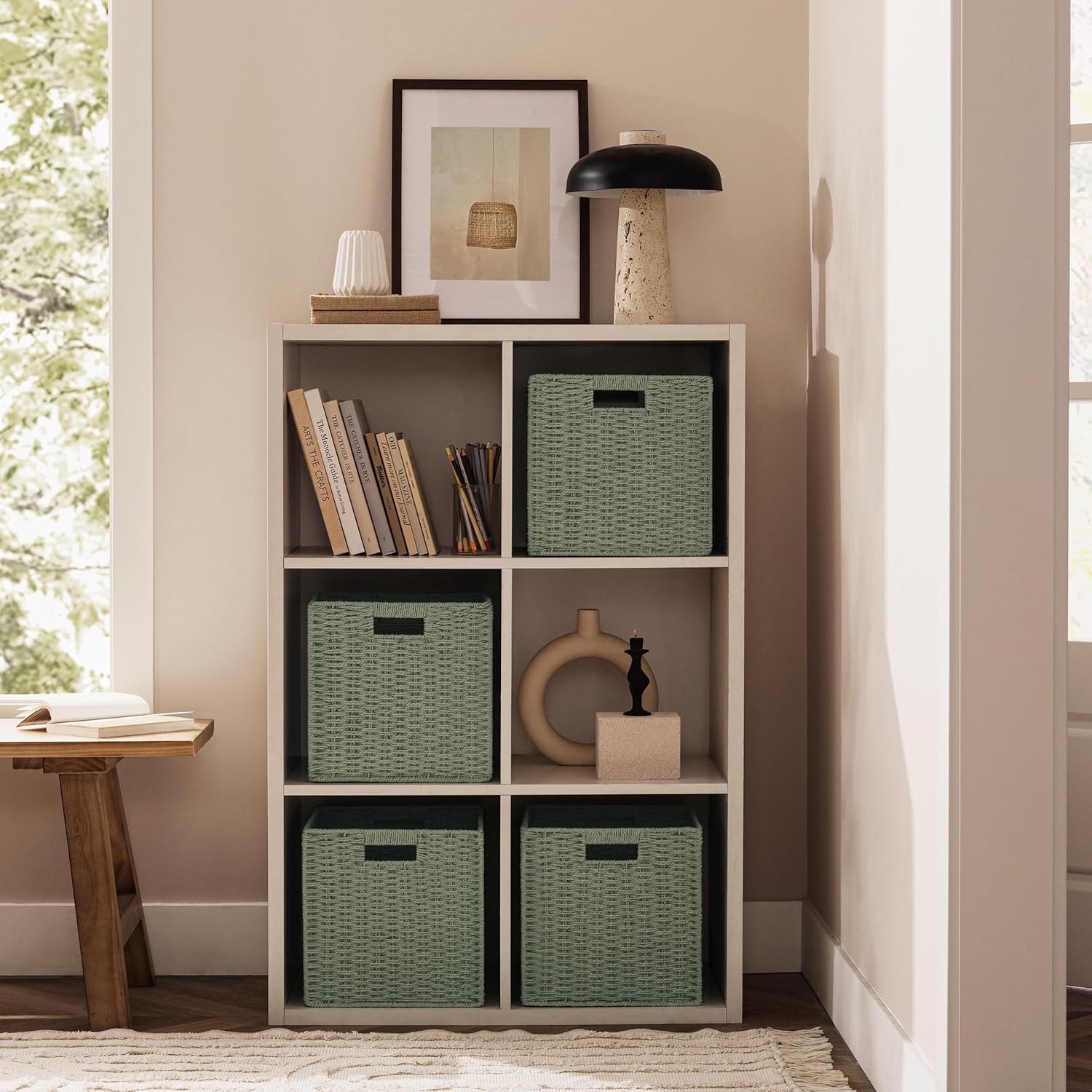 UBBCARE 2 Pack Wicker Basket, 11.8L×11.8H×11W inch Woven Paper Rope Storage Baskets for shelves, Foldable Cube Storage bin with Handle, Storage Basket for Organizing & Decor, Green