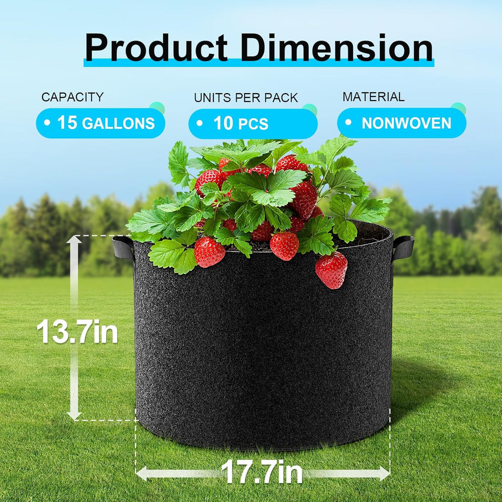 Land Guard 10-Pack Fabric Grow Bags 15 Gallon, Thickened Nonwoven Garden Pots, Growing Bags with Handles, Black