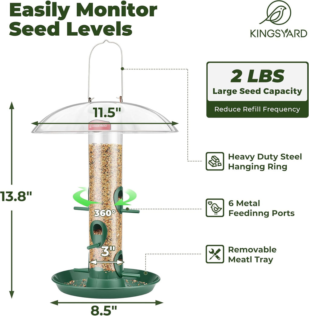 Kingsyard Metal Bird Feeders for Outdoors Hanging, Wild Bird Feeder for Finch Cardinal, Large Tray and Rainproof Dome, 2 lbs Seeds Capacity (Drak Green)