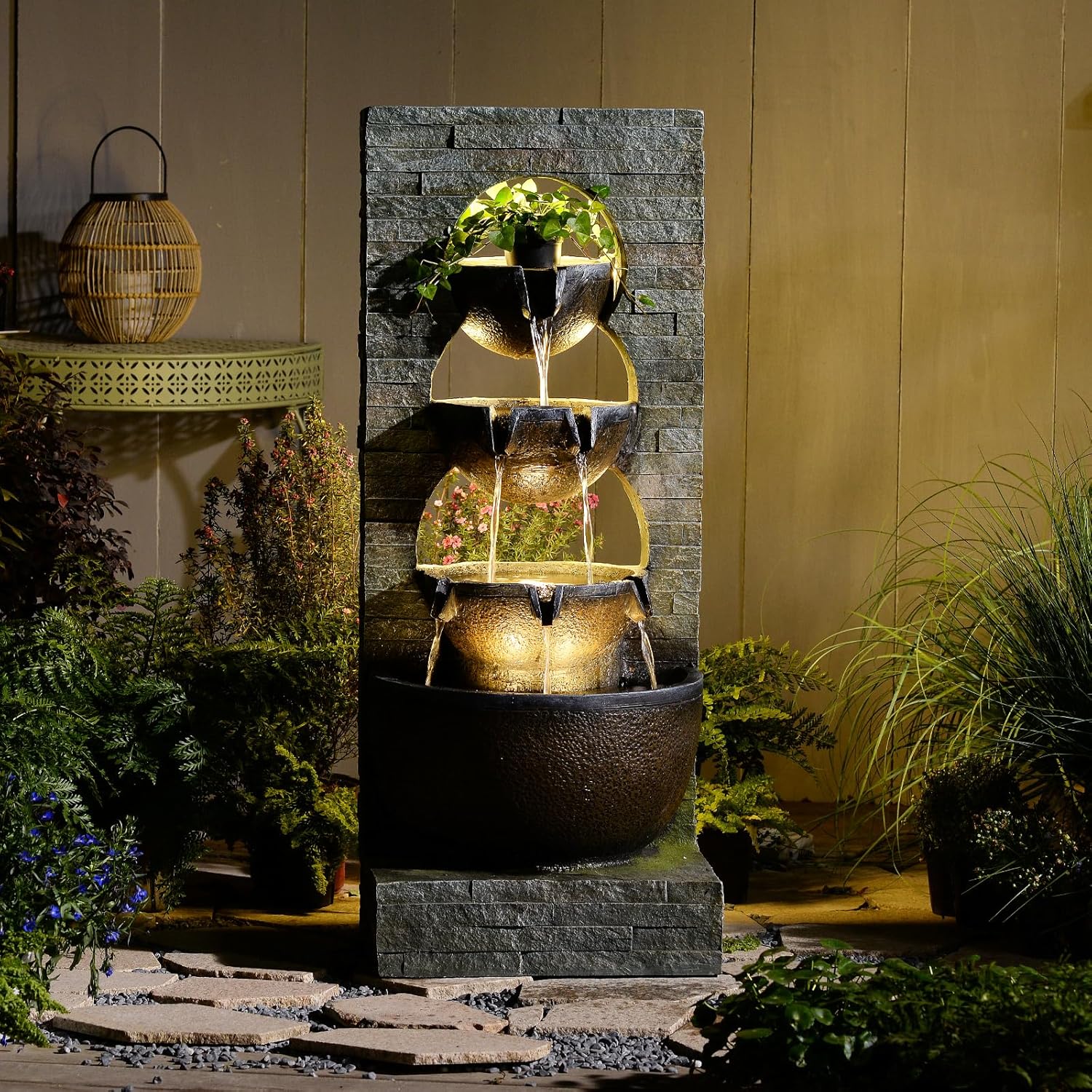 43" H Water Fountain Outdoor Garden - Large Waterfall Tiered Freestanding Cascade Bowl Fountains with LED Strips for Patio Backyard Deck Porch Home Decor, Brown